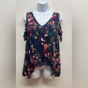 a.n.a Navy Floral Cold Shoulder Blouse